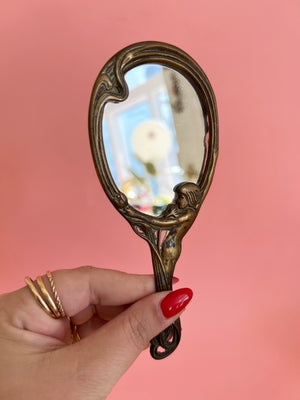 Vintage Art Nouveau Brass Lady Hand Mirror