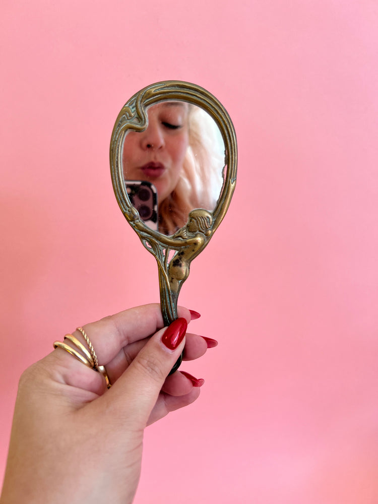 Vintage Art Nouveau Brass Lady Hand Mirror