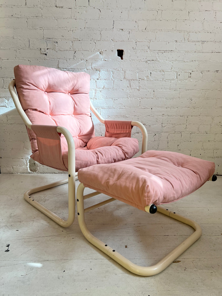 Vintage 80's Amisco Pink Tubular Cantilevered Chair with Ottoman