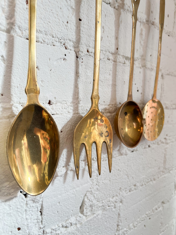 
            
                Load image into Gallery viewer, Vintage Brass Utensil Set with Hanger, Utensils for Cooking and Serving
            
        