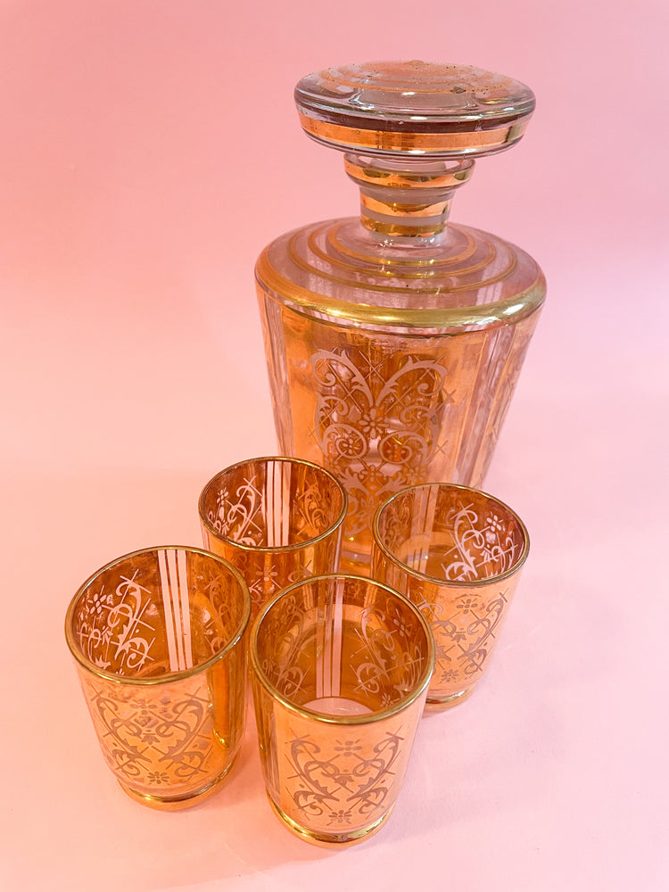 
            
                Load image into Gallery viewer, Vintage Gold Decanter &amp;amp; Glass Set
            
        