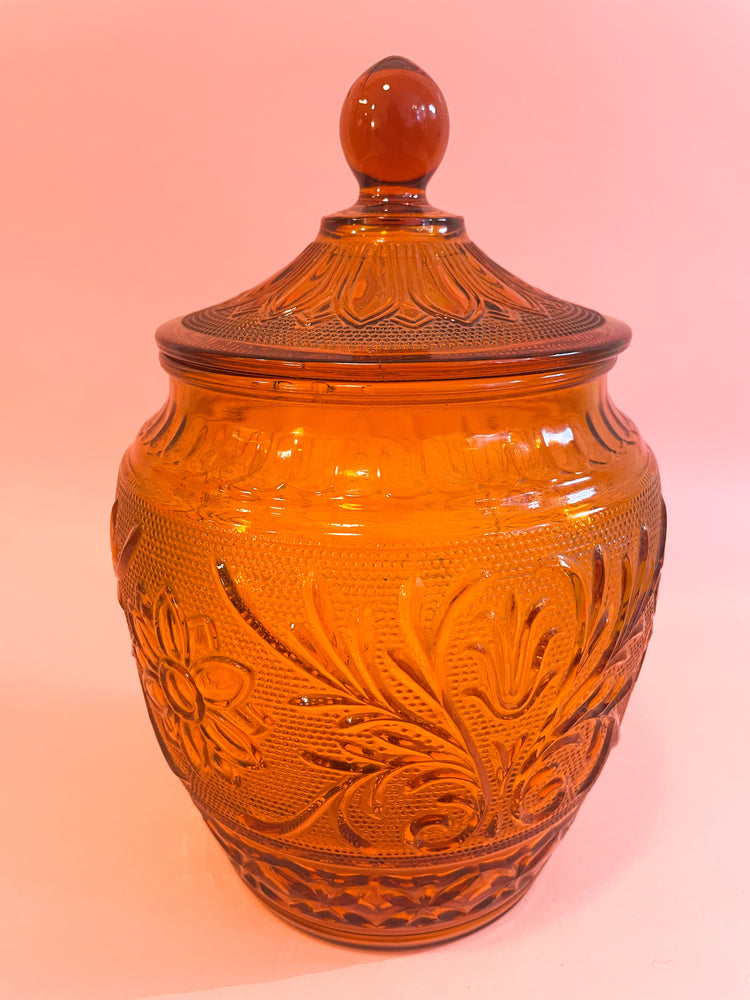 Vintage 60's Amber Glass Tiara Cookie Jar