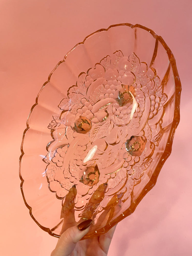 Vintage Pink Embossed Glass Footed Fruit Bowl