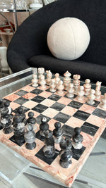 Hand Carved Pink and Black Marble Chess Set