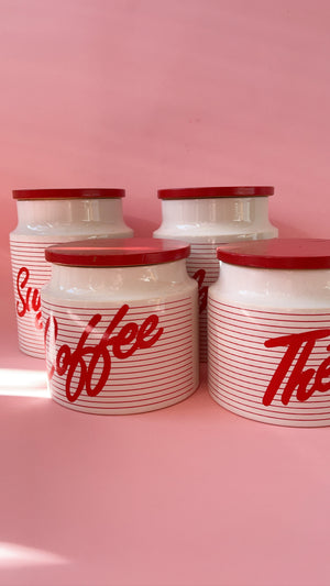 
            
                Load image into Gallery viewer, Vintage Hornsea Red Stripes Flour Canister with Wooden Lid Design by John Clappison Hornsea England
            
        