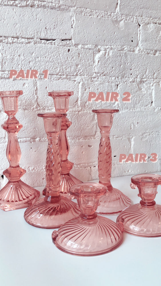
            
                Load image into Gallery viewer, Pink Depression Glass Candle Holders (pair)
            
        