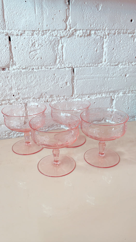 
            
                Load image into Gallery viewer, Vintage Pink Depression Glass Coupe Glass Set
            
        