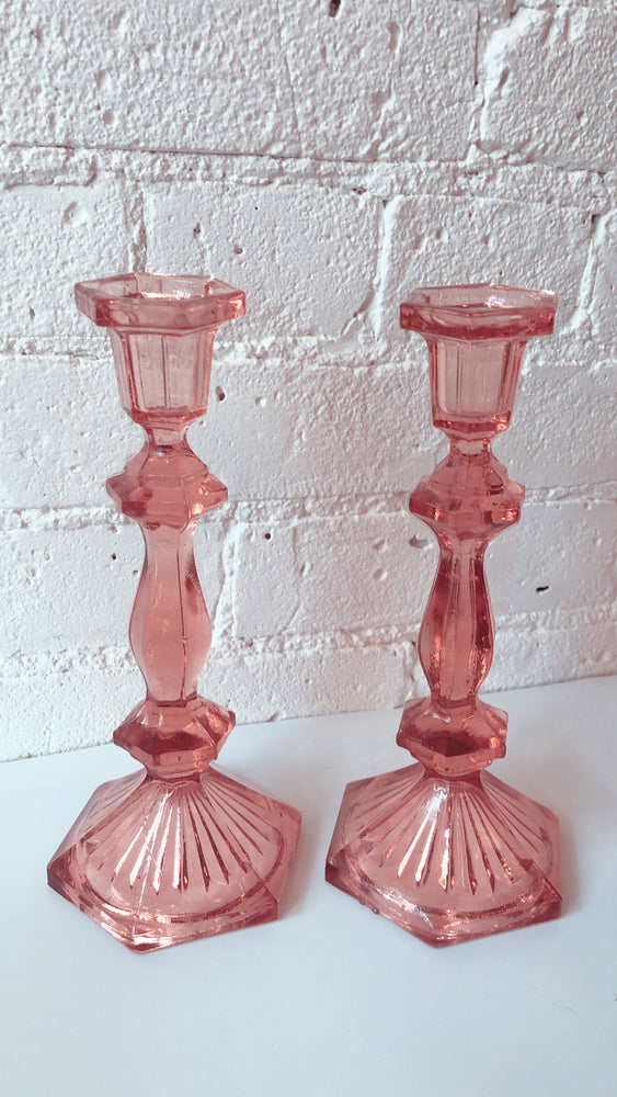 
            
                Load image into Gallery viewer, Pink Depression Glass Candle Holders (pair)
            
        
