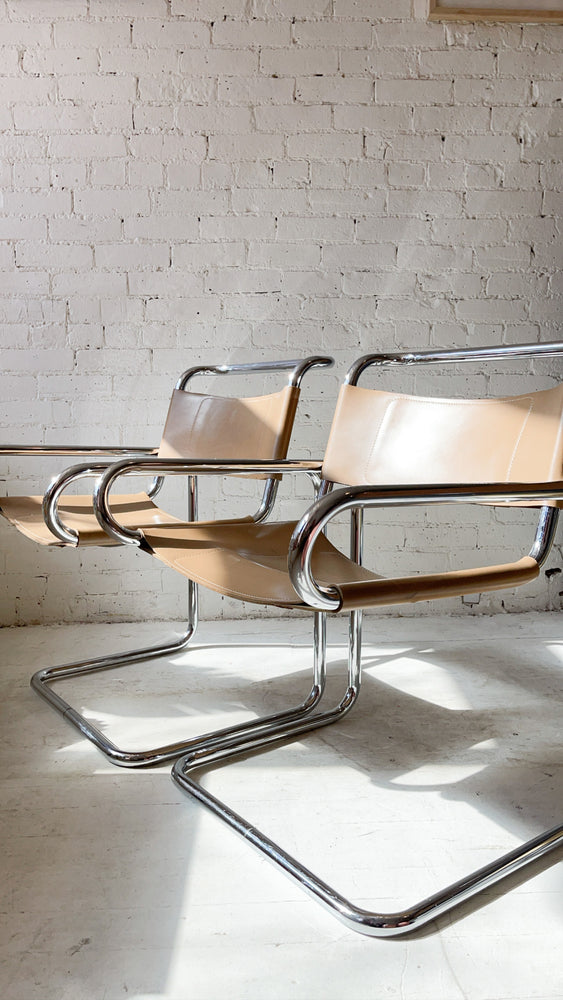 Vintage 1960's Ralph Rye Tubular Chrome and Leather Cantilevered Chairs