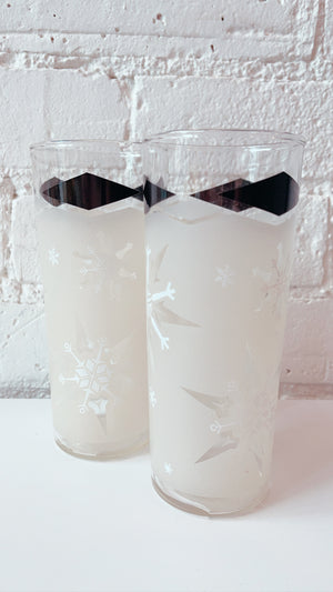 Vintage Libbey Frosted Snowflake Glasses Tumblers Black Diamonds