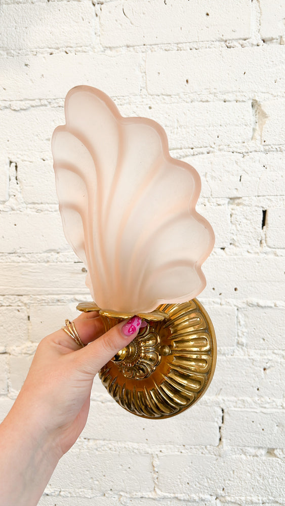 Vintage Art Deco Brass + Pink Frosted Glass Sconces