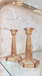 Amber Depression Glass Candlesticks Art Deco