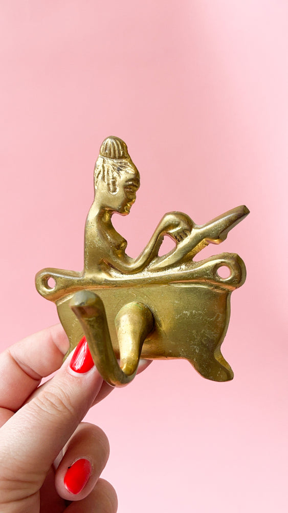 Vintage Brass Lady in a Tub Hook & Towel Ring