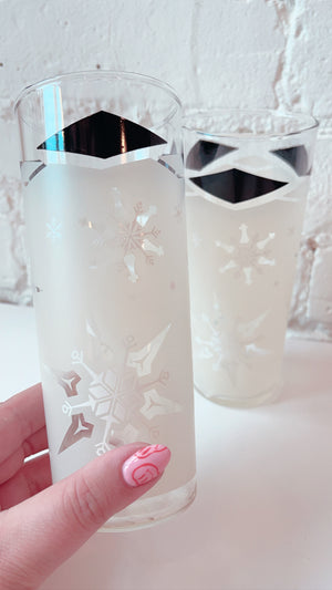 Vintage Libbey Frosted Snowflake Glasses Tumblers Black Diamonds