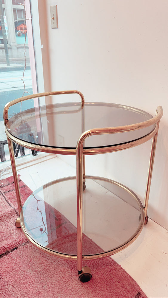 Vintage Brass Bar Cart with Smoked Glass