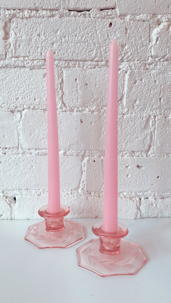 Pink Depression Glass Cornflower Candle Holders (pair)