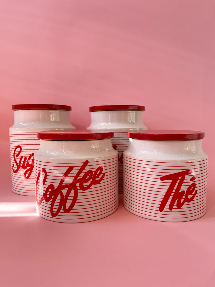 
            
                Load image into Gallery viewer, Vintage Hornsea Red Stripes Flour Canister with Wooden Lid Design by John Clappison Hornsea England
            
        