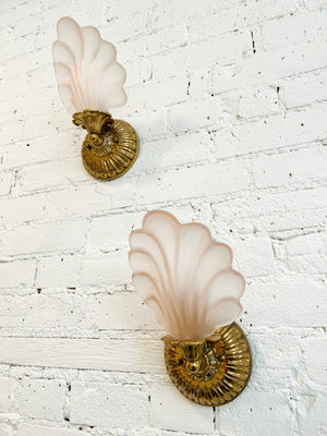 
            
                Load image into Gallery viewer, Vintage Art Deco Brass + Pink Frosted Glass Sconces
            
        