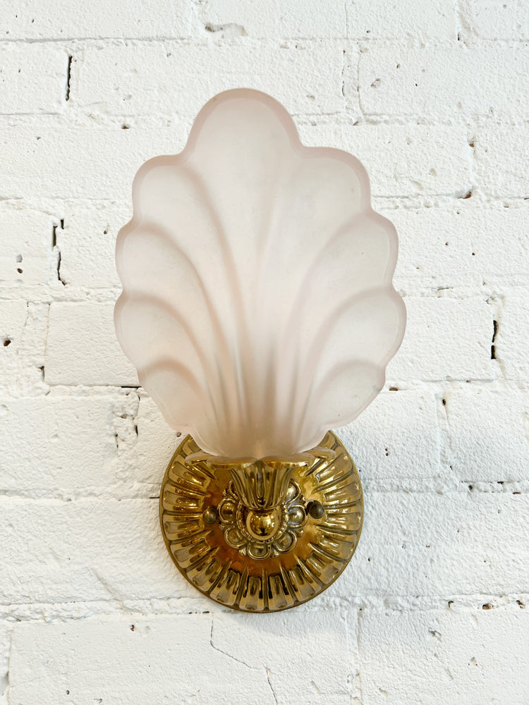 
            
                Load image into Gallery viewer, Vintage Art Deco Brass + Pink Frosted Glass Sconces
            
        