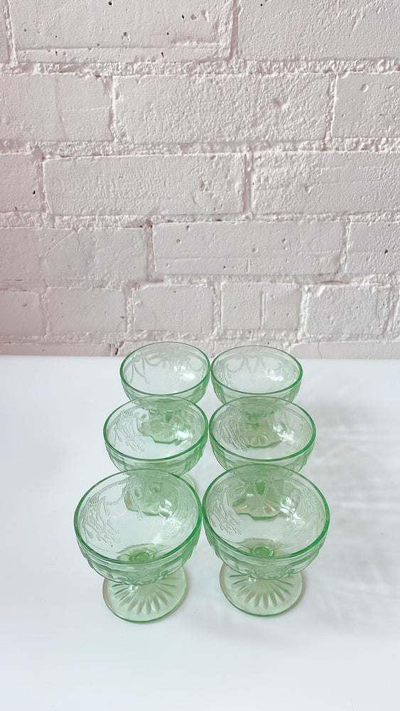 Vintage 1930's Anchor Hocking Green Depression Glass Coupes
