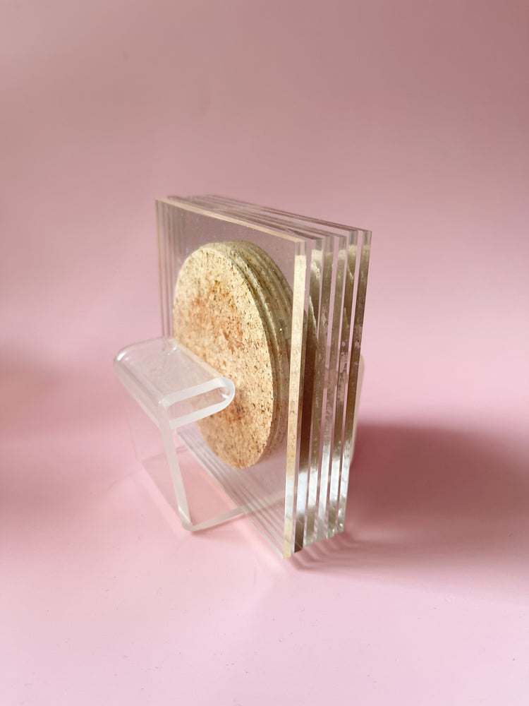 
            
                Load image into Gallery viewer, Vintage Mid Century Lucite &amp;amp; Cork Coasters with Holder
            
        