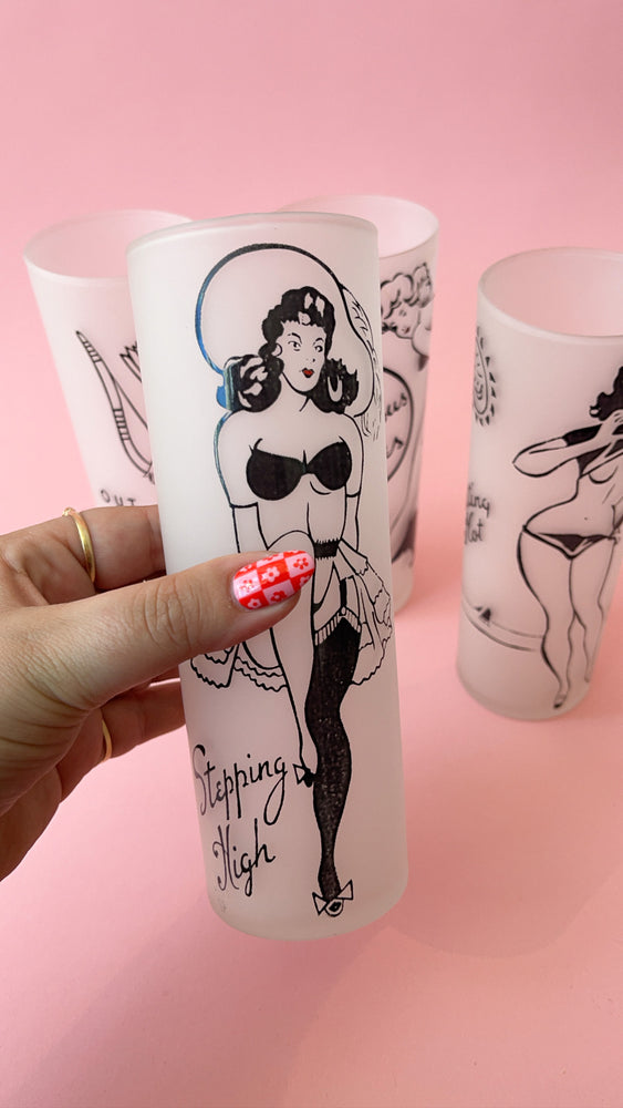 Vintage Frosted Pinup Girl Highball Glasses