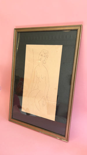 Vintage Framed Nude Lady Drawing