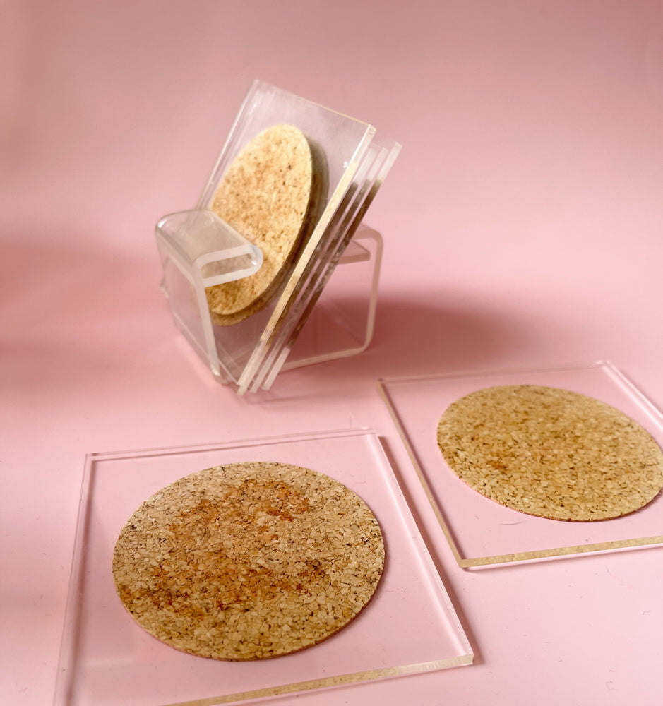 
            
                Load image into Gallery viewer, Vintage Mid Century Lucite &amp;amp; Cork Coasters with Holder
            
        