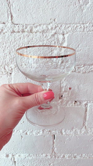
            
                Load image into Gallery viewer, Vintage Gold Rimmed Coupes and Decanter Set
            
        