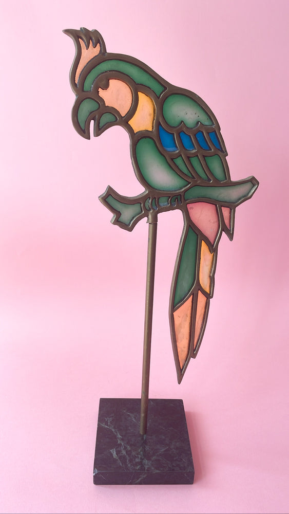 Vintage Stained Glass Parrot on Marble Base