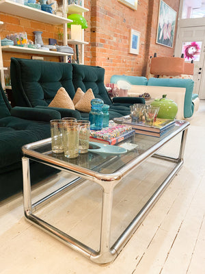 
            
                Load image into Gallery viewer, Vintage Chrome and Smoked Glass Coffee Table
            
        