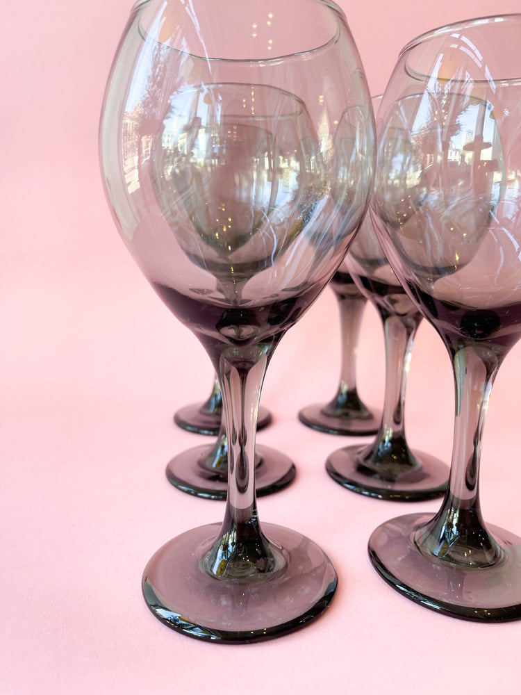 
            
                Load image into Gallery viewer, Vintage Smoked Glass Wine Glasses
            
        