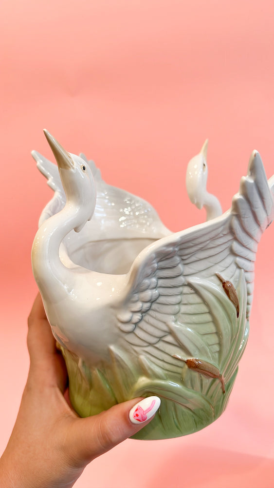 Vintage 1980's Fitz and Floyd White Heron and Cattail Planter