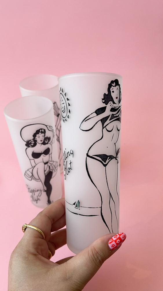 Vintage Frosted Pinup Girl Highball Glasses