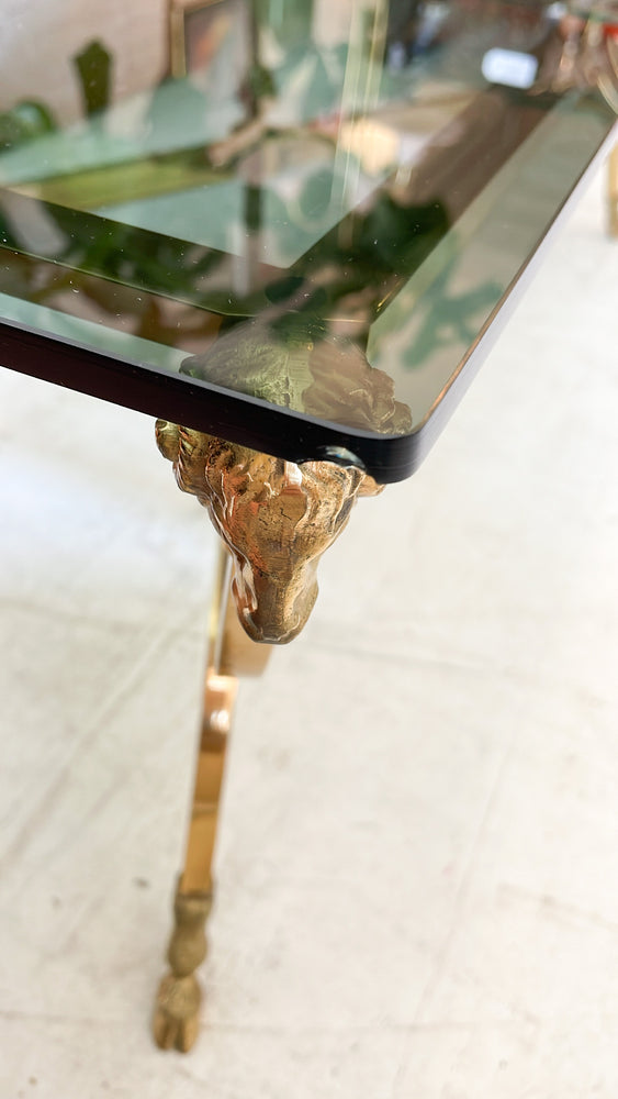 Vintage Brass Rams Head Coffee Table with Smoked Glass