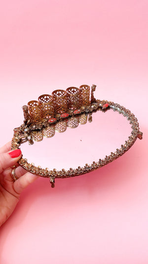 
            
                Load image into Gallery viewer, Vintage 1950&amp;#39;s Brass Filigree Mirror and Lipstick Holder
            
        