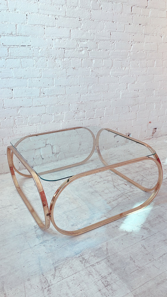 
            
                Load image into Gallery viewer, Vintage Brass Coffee Table with Glass Top
            
        